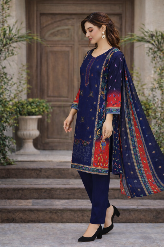Naj Noor E Azal Embroidered Lawn Royal Blue D-605-A – 3 PCS Unstitched Suit