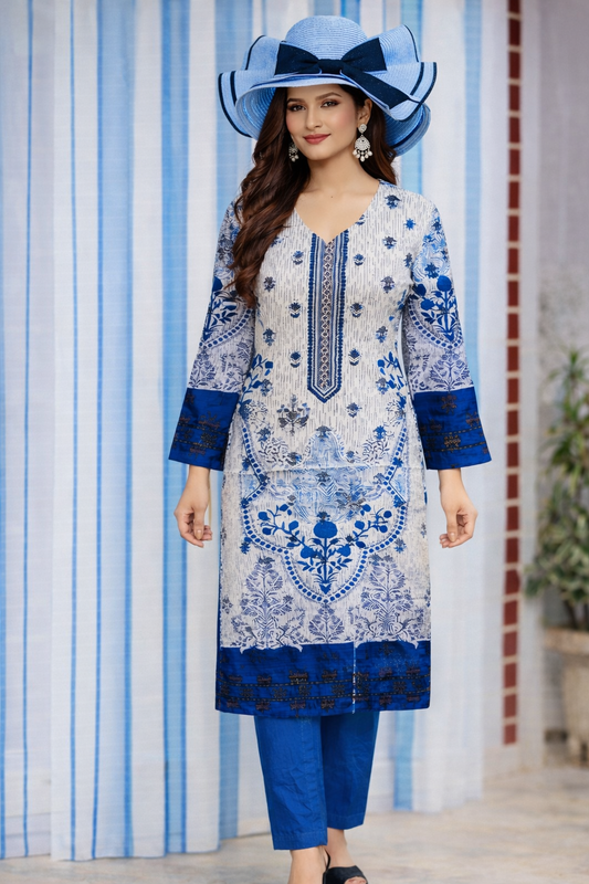 Bin Saeed Luxury Cotton Digital Printed 3-Piece Suit with Embroidered Front & Fancy Dupatta – Blue Edition