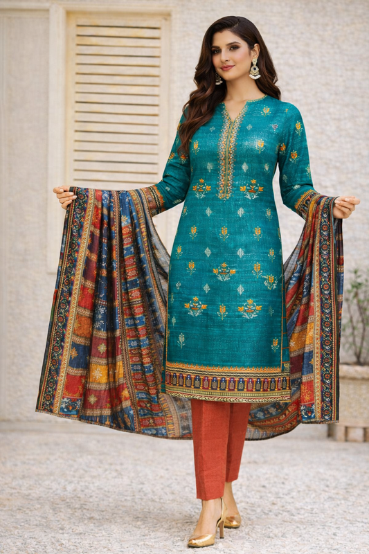 Bin Saeed Luxury Cotton Digital Printed 3-Piece Suit with Embroidered Front & Fancy Dupatta – Teal Green