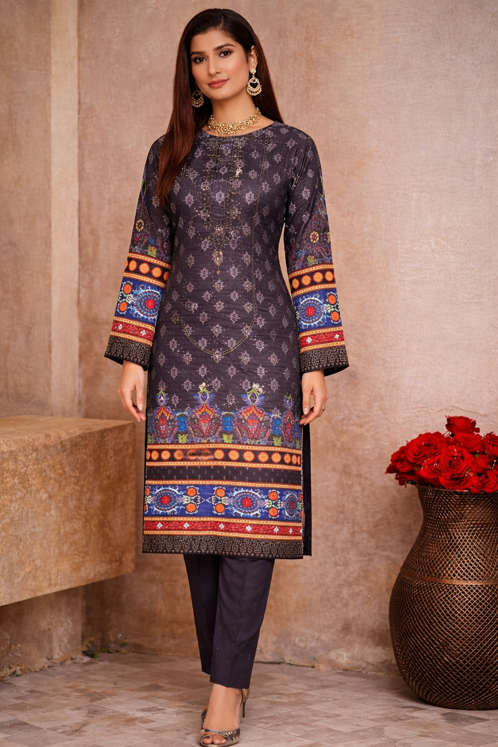 Bin Saeed Luxury Lawn 3-Piece Suit with Head Sequence Neck Embroidery & Diamond Sequence Dupatta