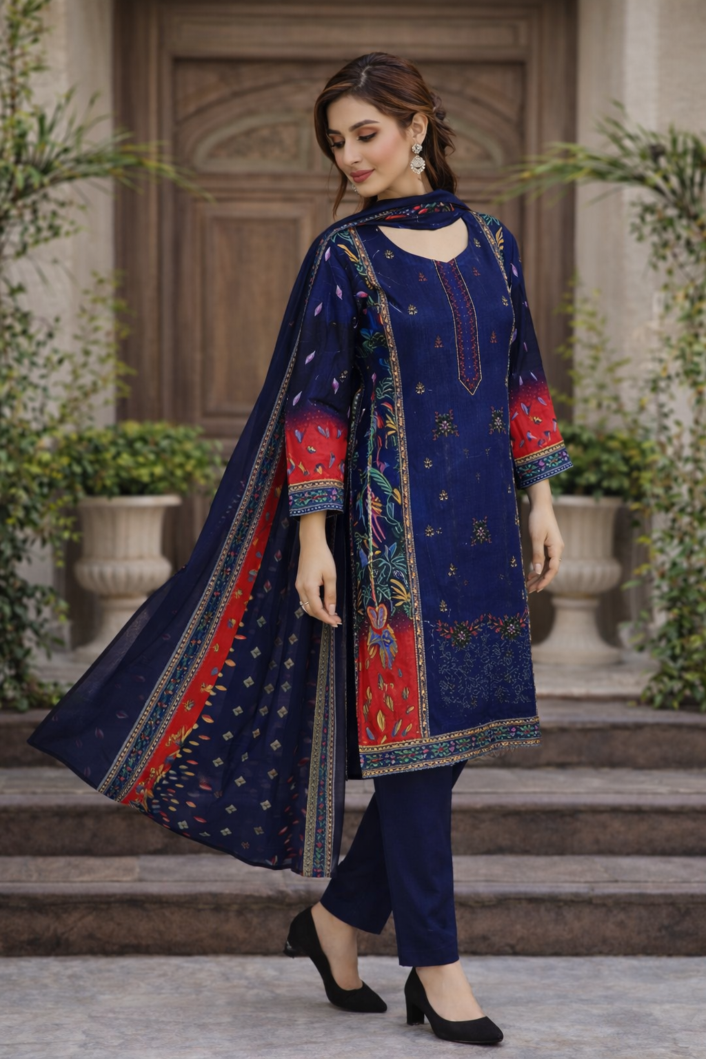 Naj Noor E Azal Embroidered Lawn Royal Blue D-605-A – 3 PCS Unstitched Suit