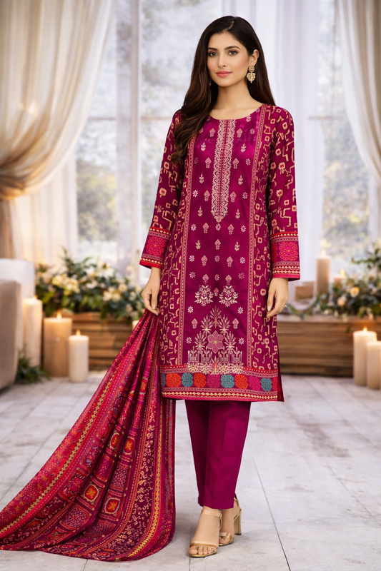 Bin Saeed Premium Lawn Collection – 3 Piece Unstitched Digital Printed Suit (D-7303B)