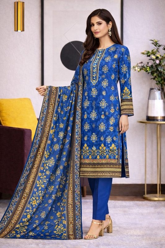 Bin Saeed Premium Lawn Collection – 3 Piece Unstitched Digital Printed Suit (D-7322B)