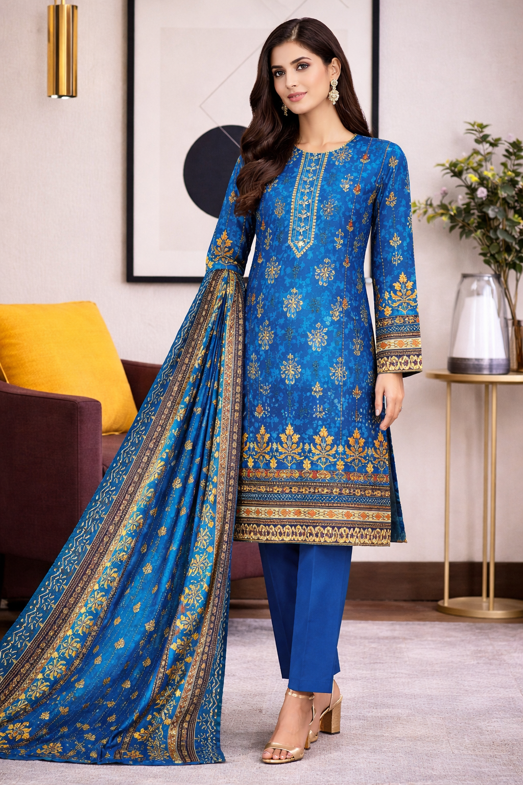 Bin Saeed Premium Lawn Collection – 3 Piece Unstitched Digital Printed Suit (D-7322B)