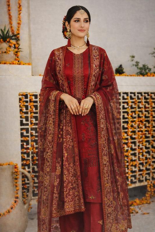 A1 Premium Collection 3mm Sequence Lawn (Maroon) – 3 PCS Unstitched Suit