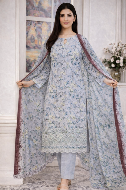 Baroque AZ Collection – 3 Piece Premium Unstitched Cotton Suit with Chikankari & Laser Cutwork