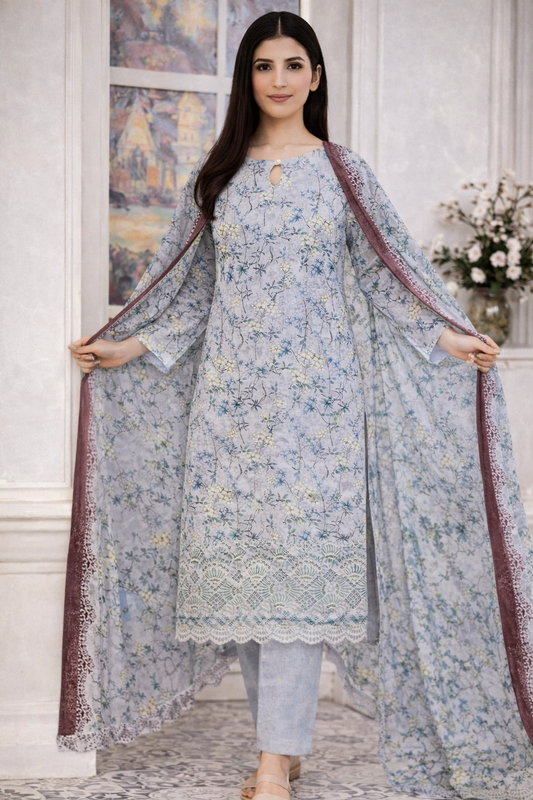 Baroque AZ Collection – 3 Piece Premium Unstitched Cotton Suit with Chikankari & Laser Cutwork