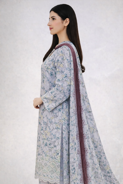 Baroque AZ Collection – 3 Piece Premium Unstitched Cotton Suit with Chikankari & Laser Cutwork