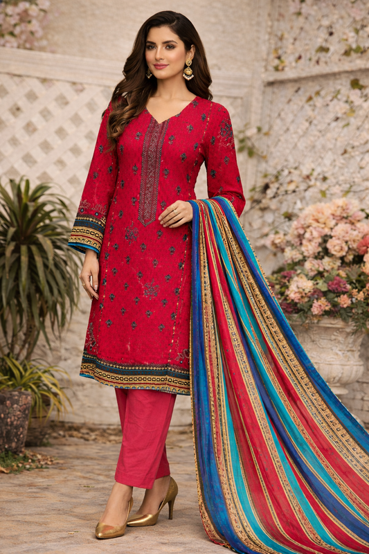 Bin Saeed Luxury Cotton Digital Printed 3-Piece Suit with Embroidered Front &amp; Fancy Dupatta