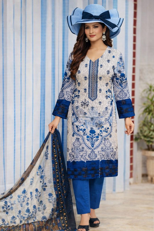 Bin Saeed Luxury Cotton Digital Printed 3-Piece Suit with Embroidered Front &amp; Fancy Dupatta – Blue Edition