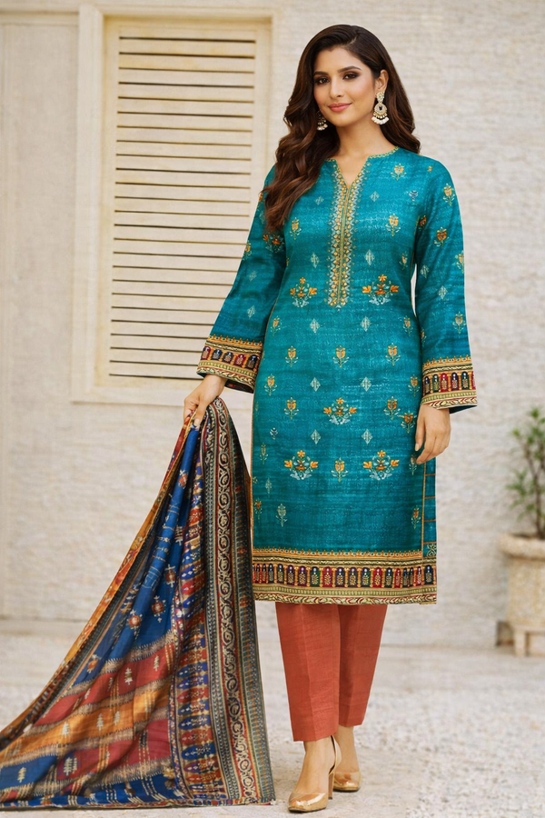 Bin Saeed Luxury Cotton Digital Printed 3-Piece Suit with Embroidered Front &amp; Fancy Dupatta – Teal Green