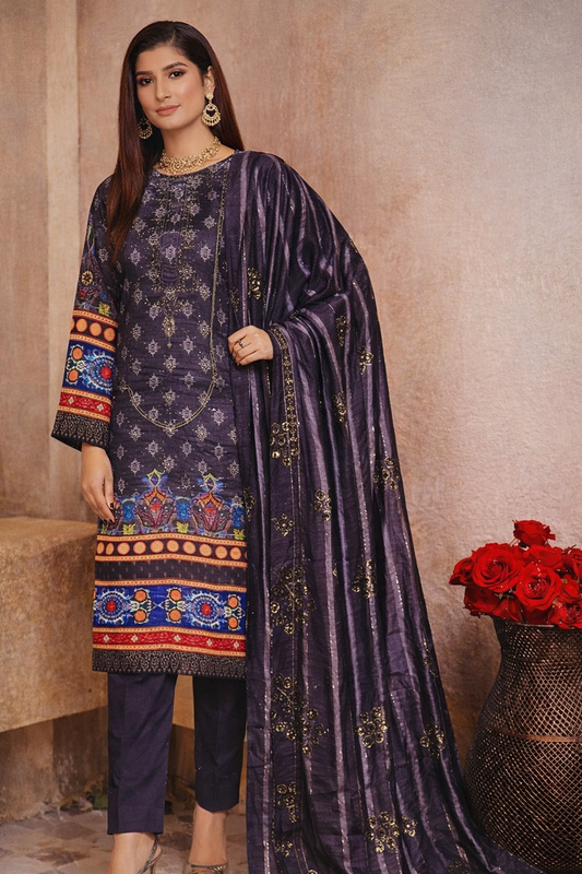 Bin Saeed Luxury Lawn 3-Piece Suit with Head Sequence Neck Embroidery & Diamond Sequence Dupatta
