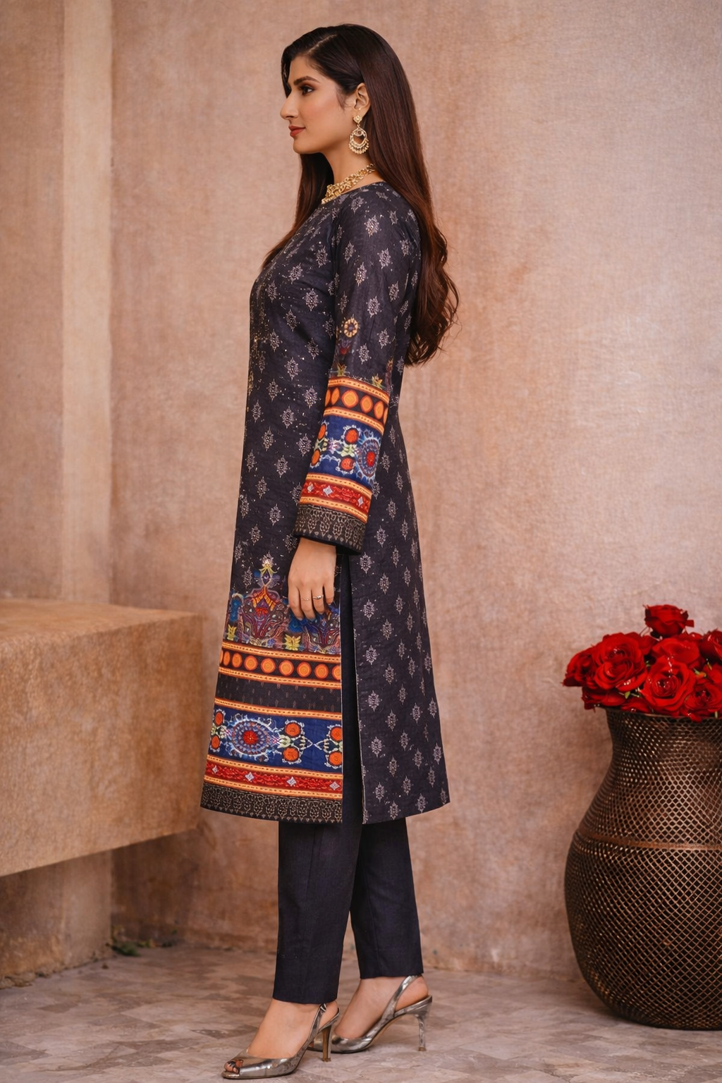 Bin Saeed Luxury Lawn 3-Piece Suit with Head Sequence Neck Embroidery &amp; Diamond Sequence Dupatta