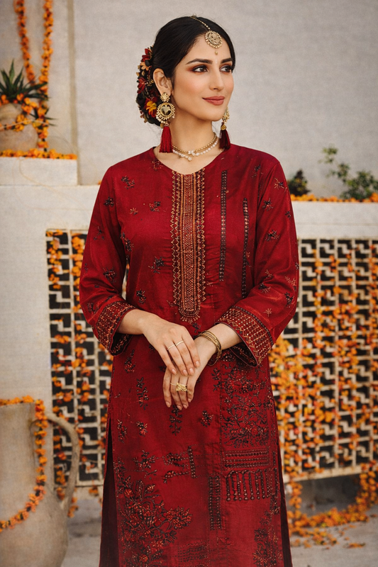 A1 Premium Collection 3mm Sequence Lawn (Maroon) – 3 PCS Unstitched Suit